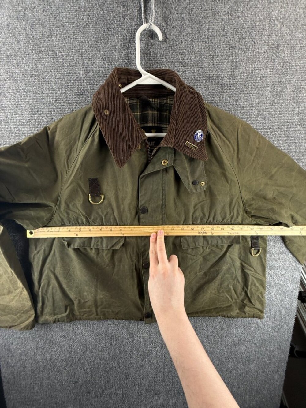 VTG Barbour Spey A130 Waxed Jacket Green Men Fishing Wasting Angler Pin Short - Picture 7 of 16